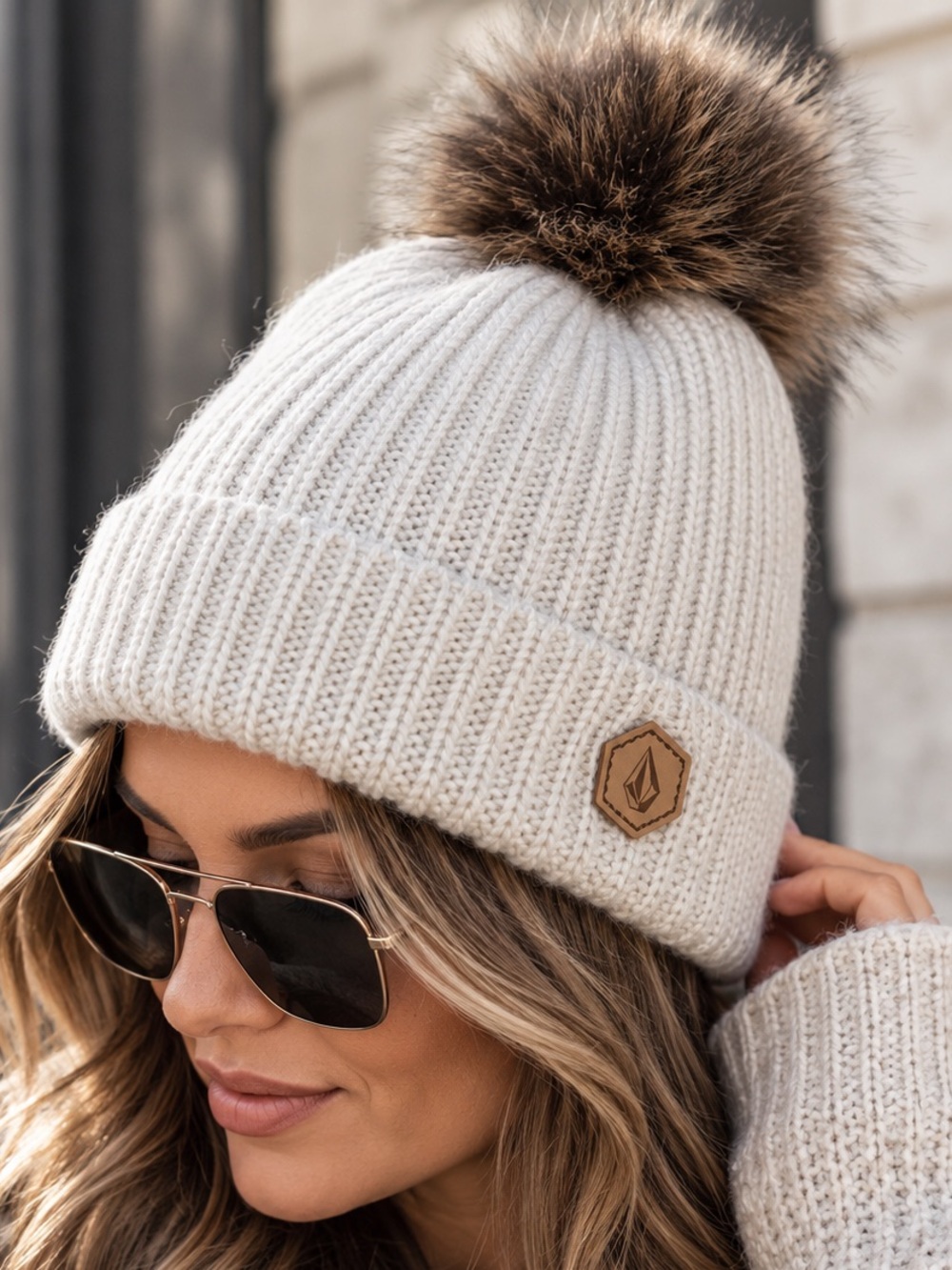 Volcom Ribbed Beanie Knit Faux Fur Pom Cream NWT One Size